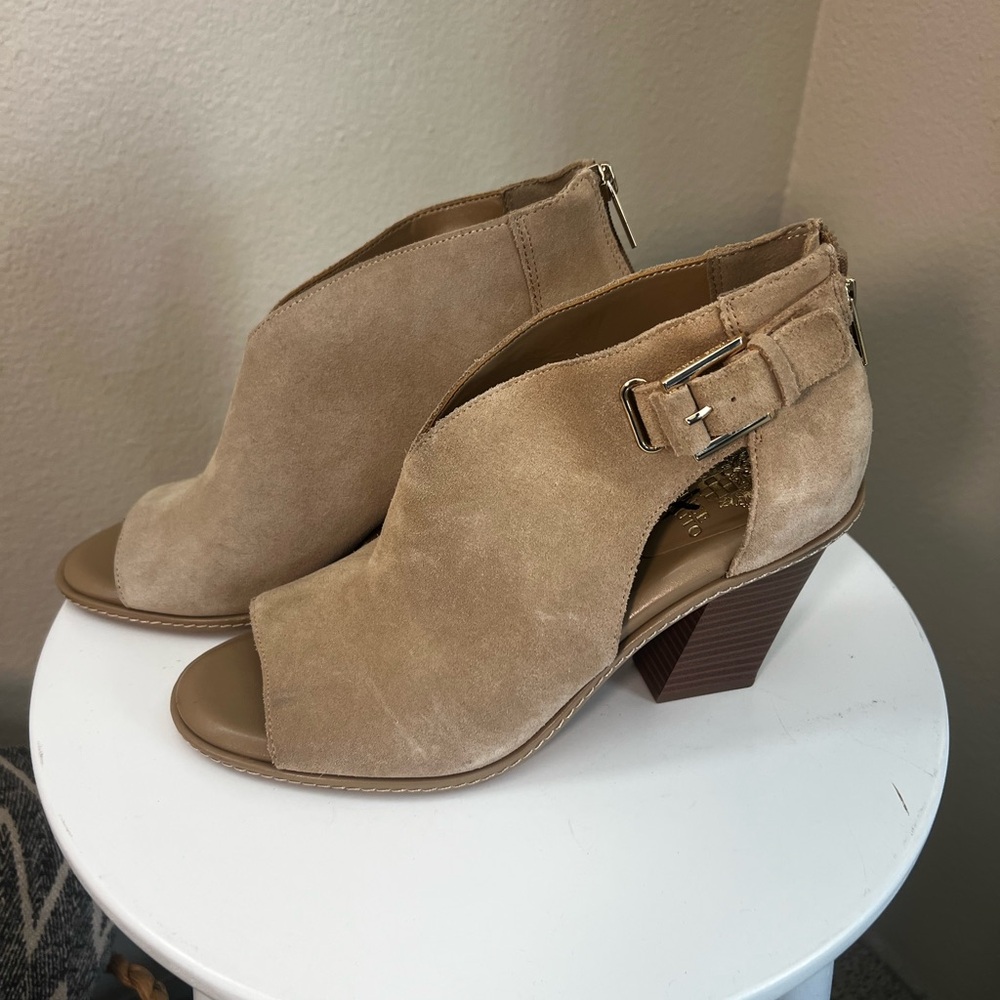 Vince Camuto Tan Suede Peep-Toe Heeled Boots